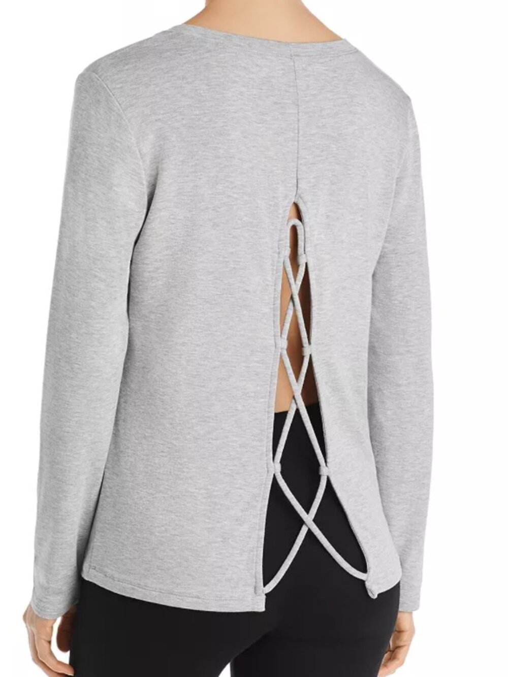 Beyond Yoga gray Lace-Up-Back Top Open Back v-neck Pullover Sweatshirt sz large